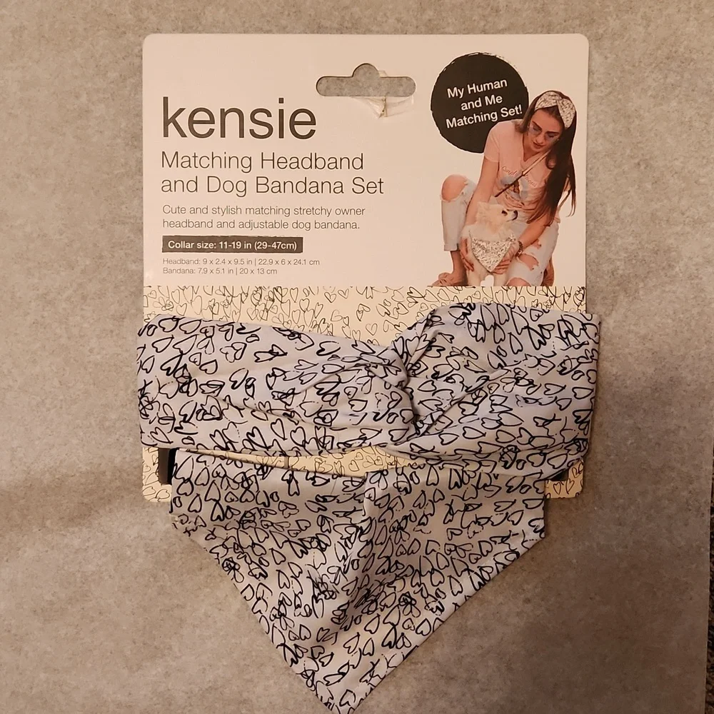 NEW Kensie Dog Bandana Scarf and Matching Headband White with Black Hearts NWT